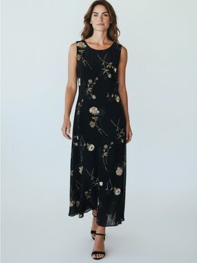 Vintage 90s Black Floral Chiffon Maxi Dress Empire Waist Womens Large Studio